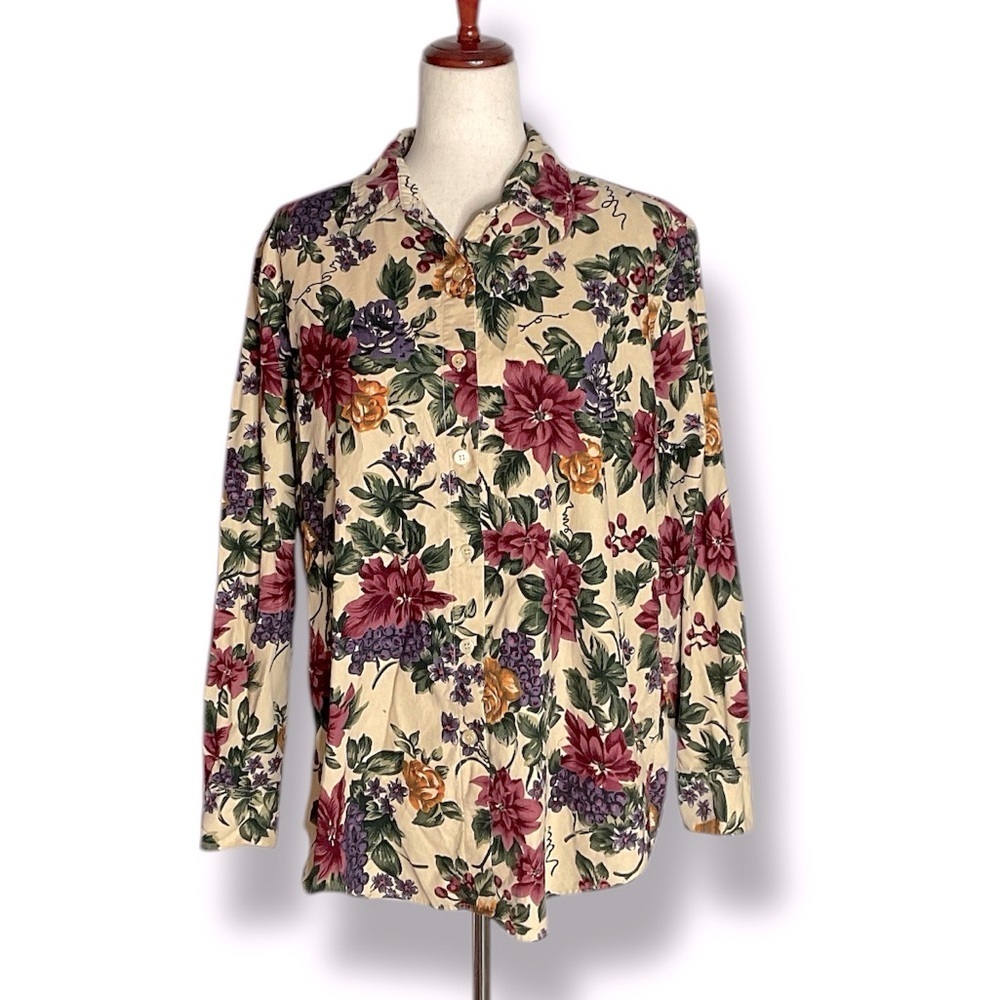 Cabincreek Cream Vintage Corduroy Floral Long Sleeve Collar Button Up Top Large - Picture 2 of 6